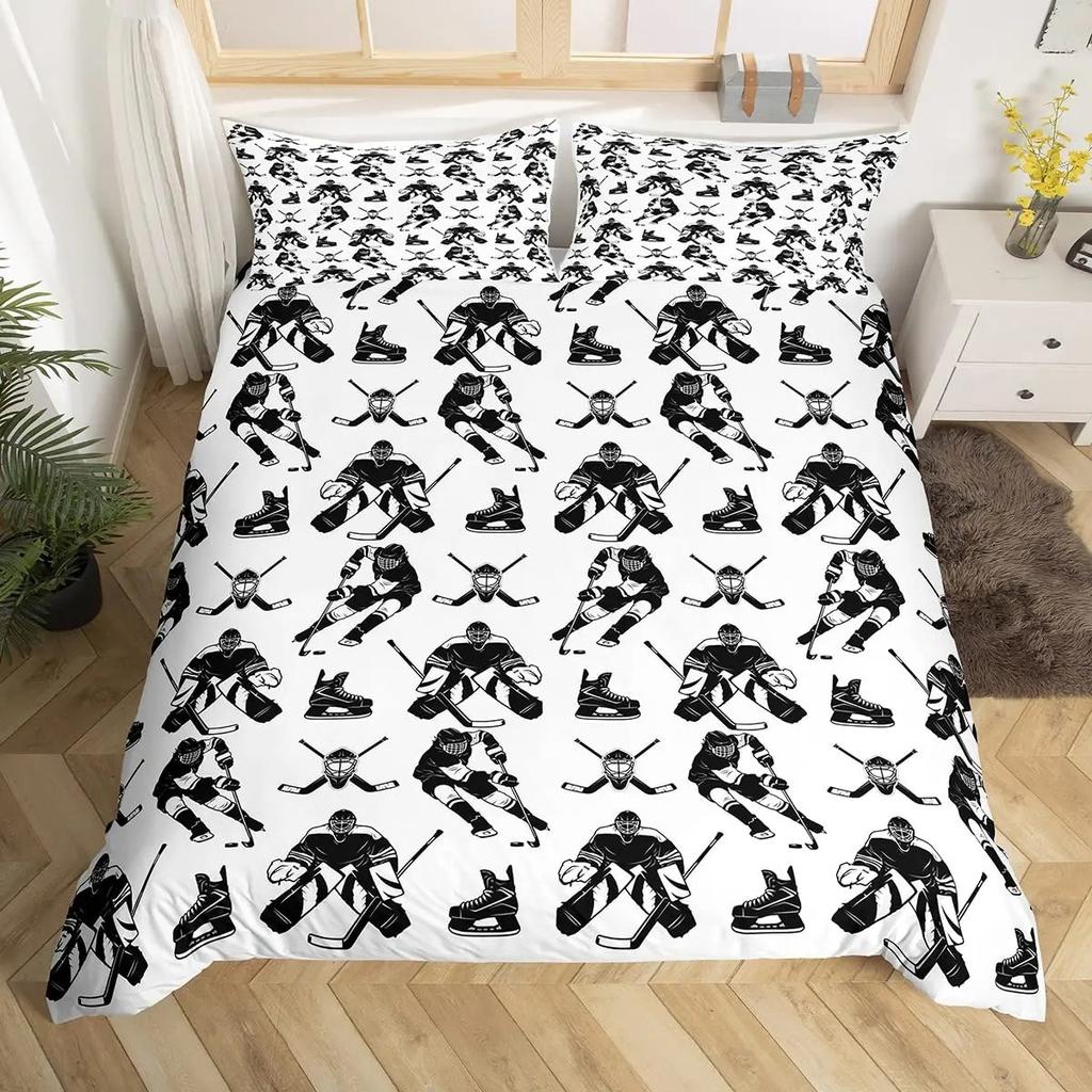 Ice Hockey Duvet Cover Helmet Skates Comforter Cover Winter Ice Sports Games Bedding Set for Boys Puck Hockey Player Quilt Cover