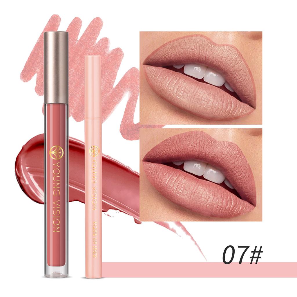 YOUNG VISION Lip Glaze + Lip Liner 2 Sets of Lip Liner Are Not Easy To Stick Cup Lip Glaze