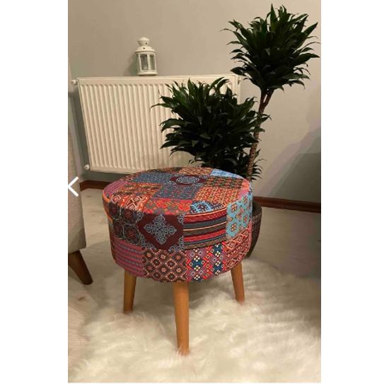 Hornbeam Wooden Leg Decorative Anemone Ethnic Peçvork Patterned Cylinder Pouf Bench Sofa Chair Peçvork Ethnic Pattern Decorative Pouf