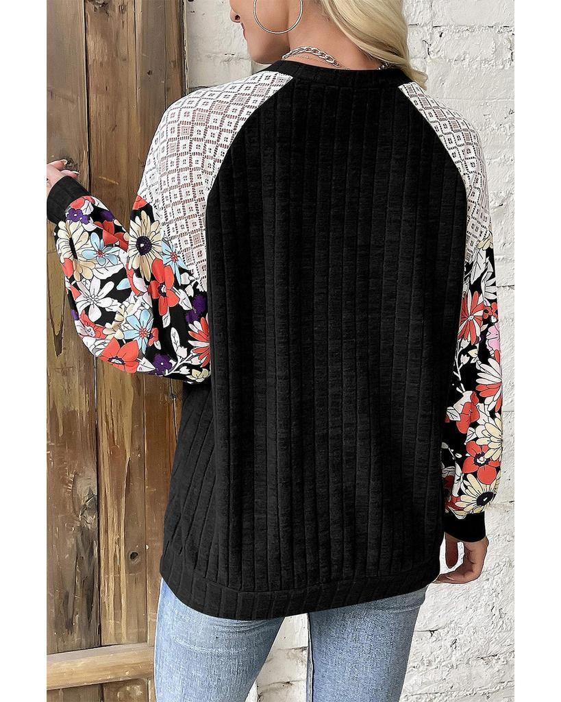 Azura Exchange Черная блузка с длинными рукавами в рубчик с цветочным принтом и лоскутным узором
