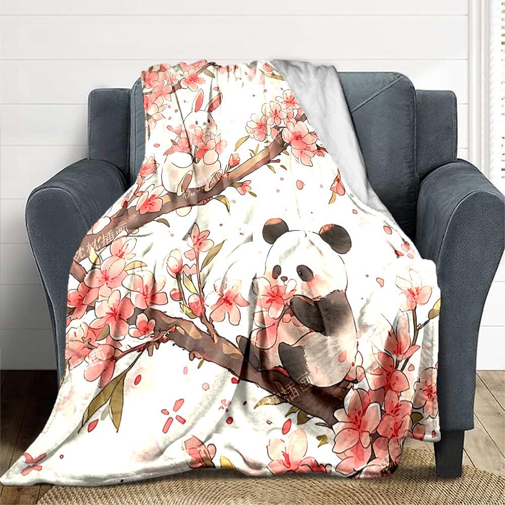 1pc Blossom Panda Blanket, Lightweight Flannel Throw Blanket for Sofa, Bed, Travel, Camping, Living Room, Office, Couch035