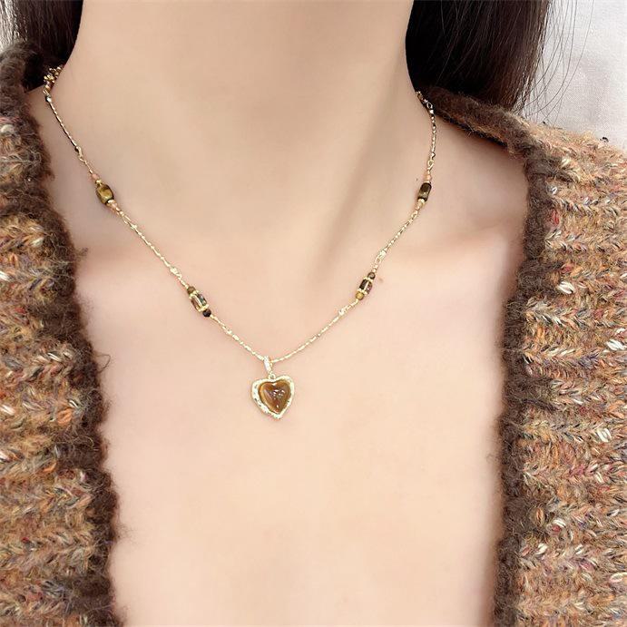 Ожерелье Maillard Brown Tiger Eye Heart - осенне-зимняя французская ретро-цепочка для свитера класса люкс