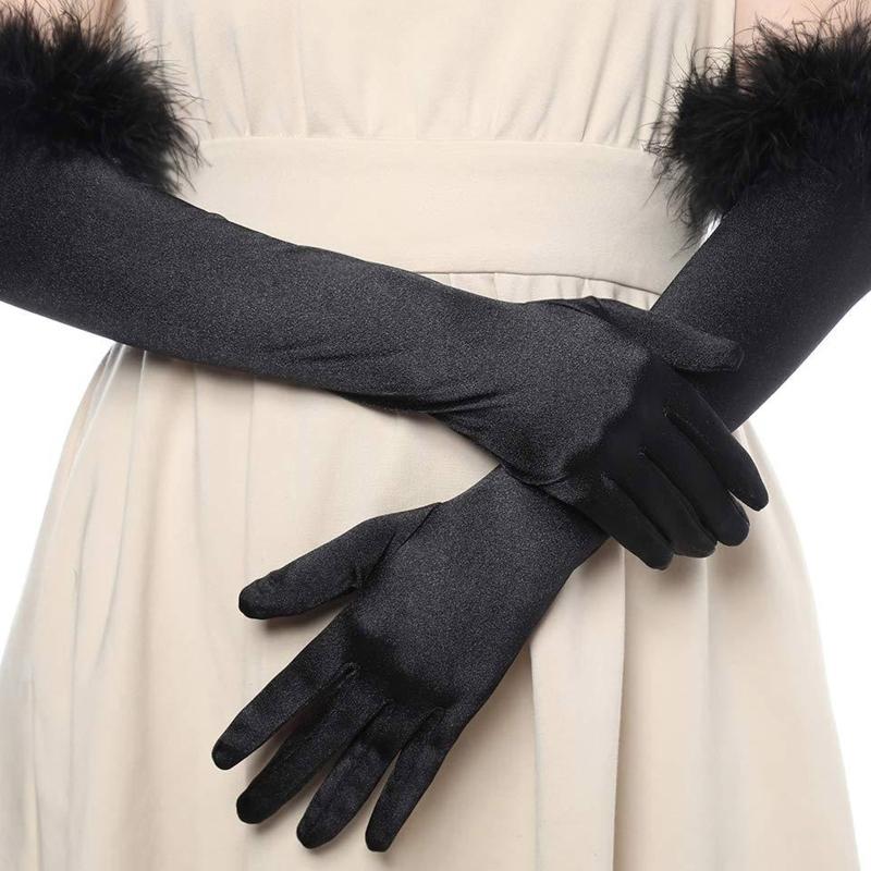 Fluffy Cuff Long Sleeve Gloves Banquet Dress Gloves Solid Color Warm Polyester Elastic Autumn Winter Driving Glove
