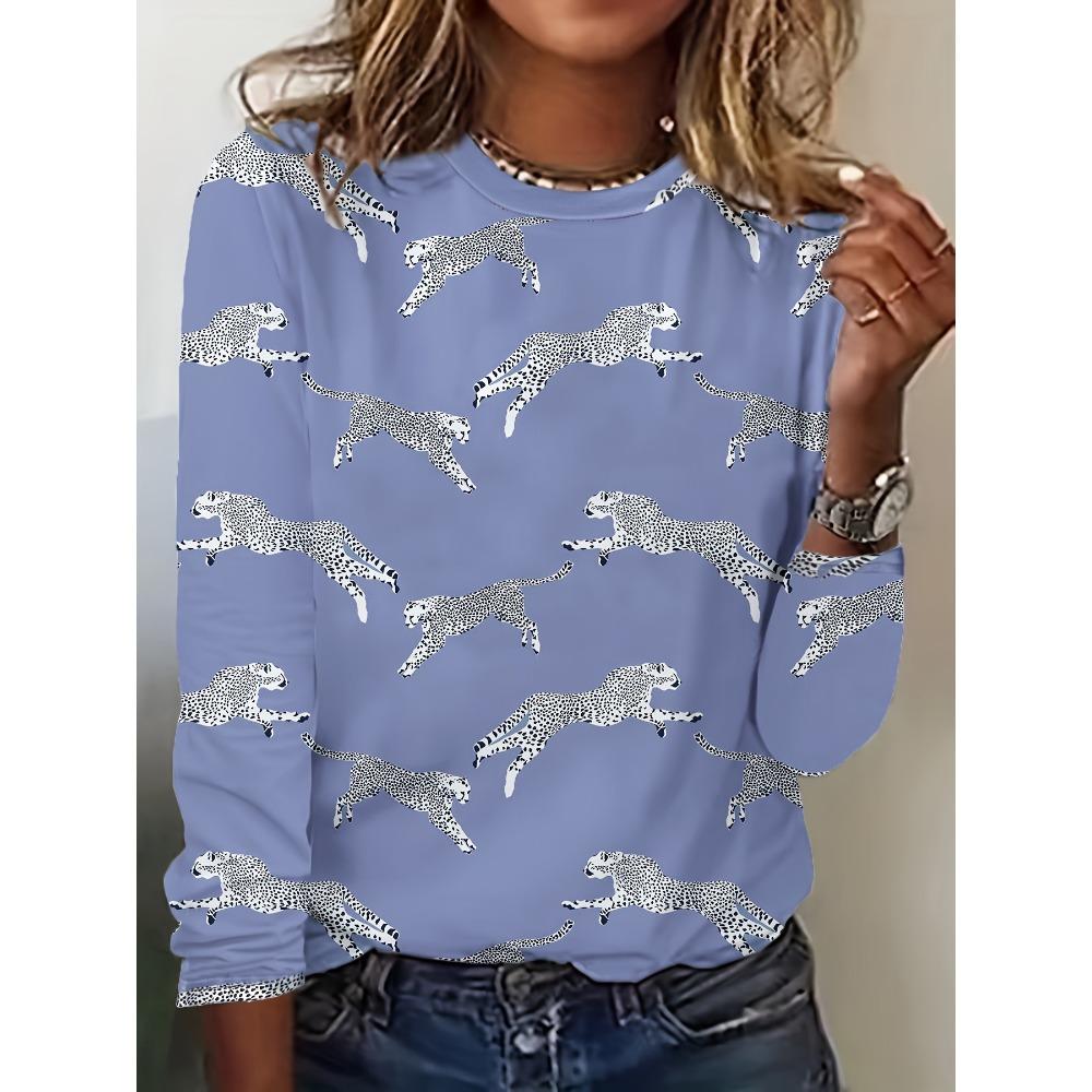 Весенне-осенний топ с круглым вырезом, леопардовым принтом и 3D-печатью, модная повседневная женская футболка с длинным рукавом