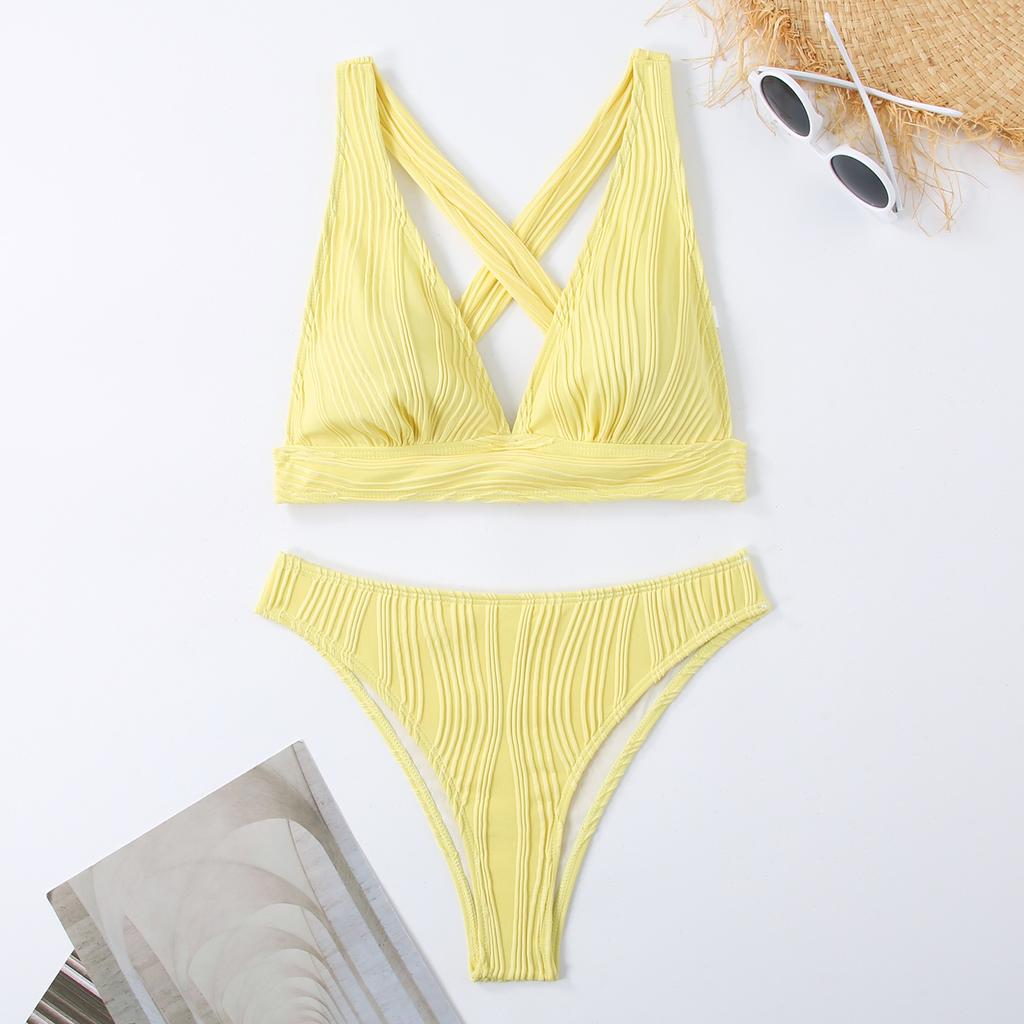 1011 European and American new swimsuit women's neck split bikini striped fabric multi-color triangular bikini