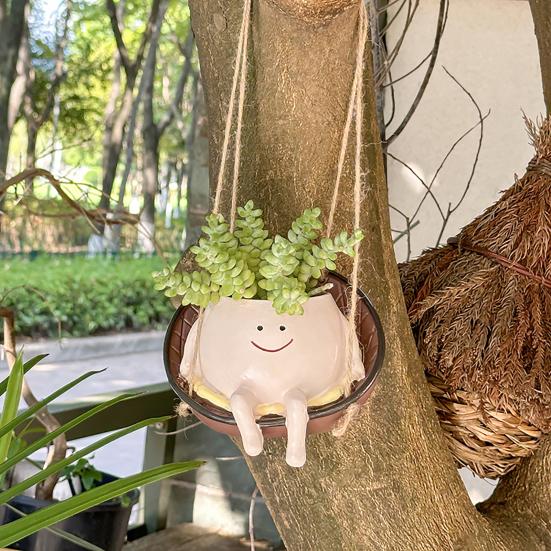 Hanging Swing Chair Planter Pot Cute Smile Face Flower Pot for Indoor Outdoor Plants Resin Head Plant Pots