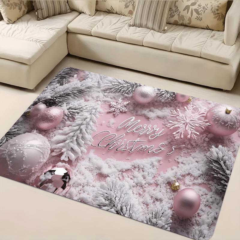 Pink Merry Christmas Doormat Frosted Pine Branch Bauble Snowflake Print Indoor Floor Rug Winter Holiday Area Carpet