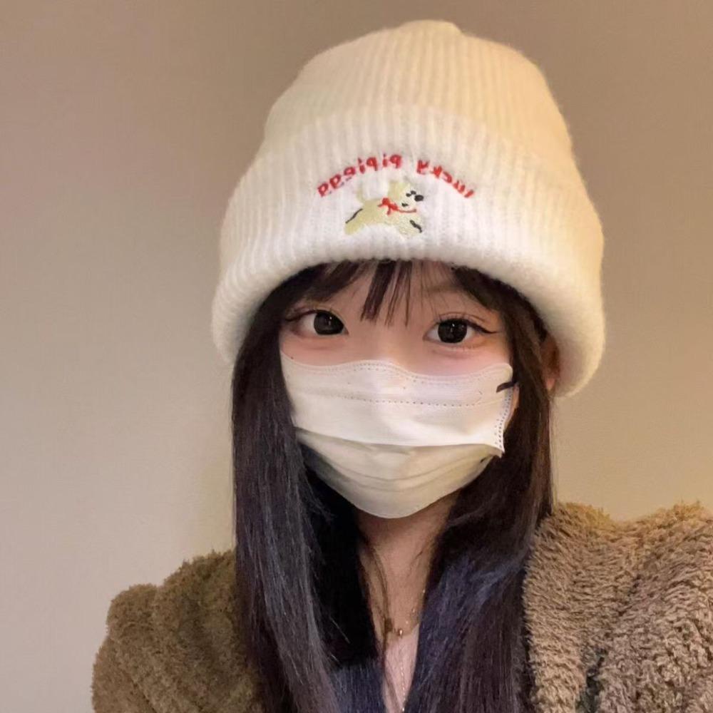 Cute Puppy Embroidery Winter Knitted Hat Thicken Winter Warm Beanie Cap Windproof Soft Crochet Bonnet Hat