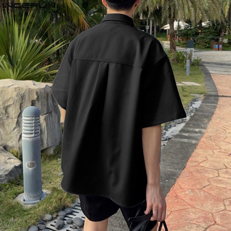 INCERUN Летние мужские рубашки с завязками на лацканах с коротким рукавом и пуговицами, повседневные рубашки с высоким и низким вырезом