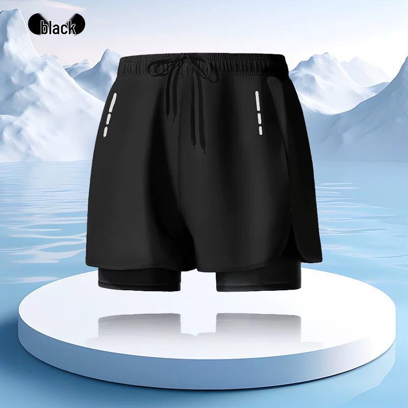 Men's Quick-Dry Double-Layer Swim Trunks with High Elastic Waist and Anti-Embarrassment Lining