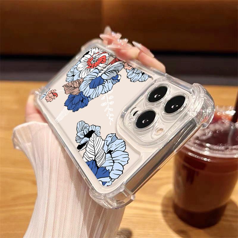 Для iPhone 16 Pro Max 16E 15 Pro 14 13 12 11 Чехол для телефона Прозрачный с цветочным принтом Противоударный Мягкий силиконовый Ударопрочный Защита объектива Бампер
