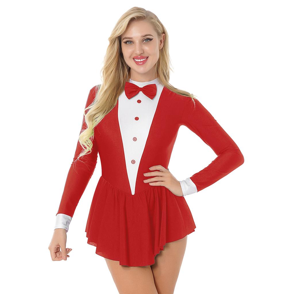 Women's Party Hostess Costume S-XXL: Stylish Contrast Tuxedo Dress Featuring Bow Buttons and Long Sleeve Ruffle Cuffs