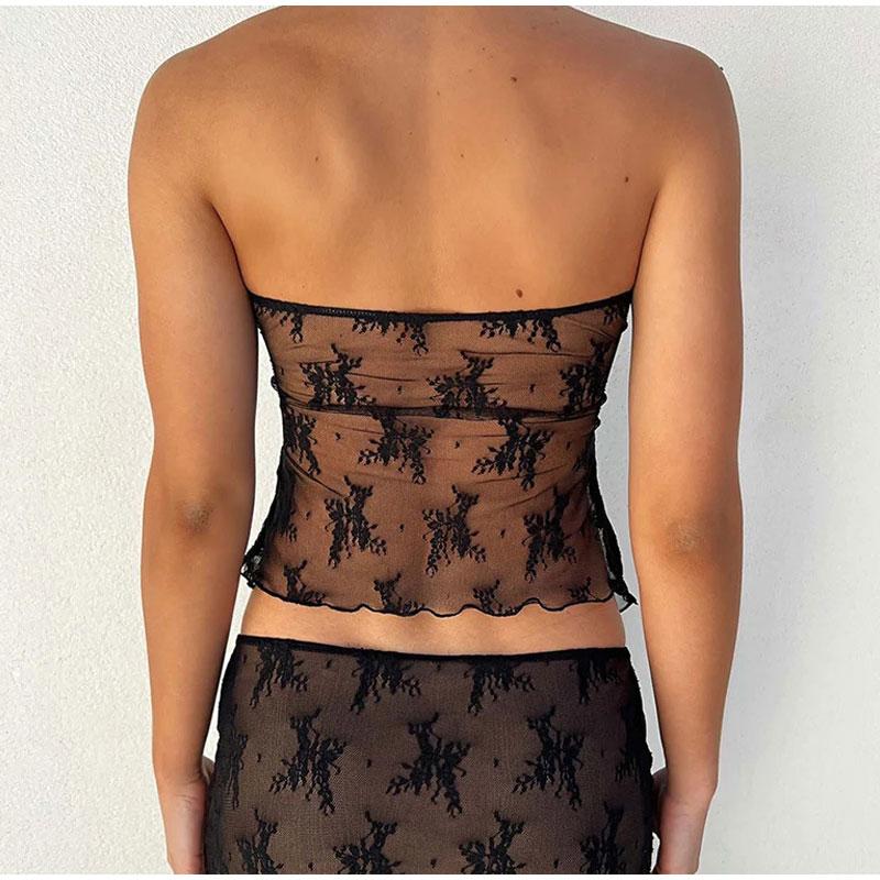 Сексуальные комплекты юбок без бретелек с кружевным принтом, женский прозрачный укороченный топ, длинная юбка, одинаковый комплект, женский костюм из двух предметов для ночного клуба