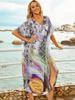 Multicolored Bikini Cover-ups Kaftan Sexy V-neck Half Sleeve Boho Summer Beach Dress Plus Size Beachwear Swimsuit Cover Up Q1166