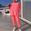 Новый повседневный однотонный топ с круглым вырезом и длинными рукавами, спортивный и универсальный комплект брюк для женщин