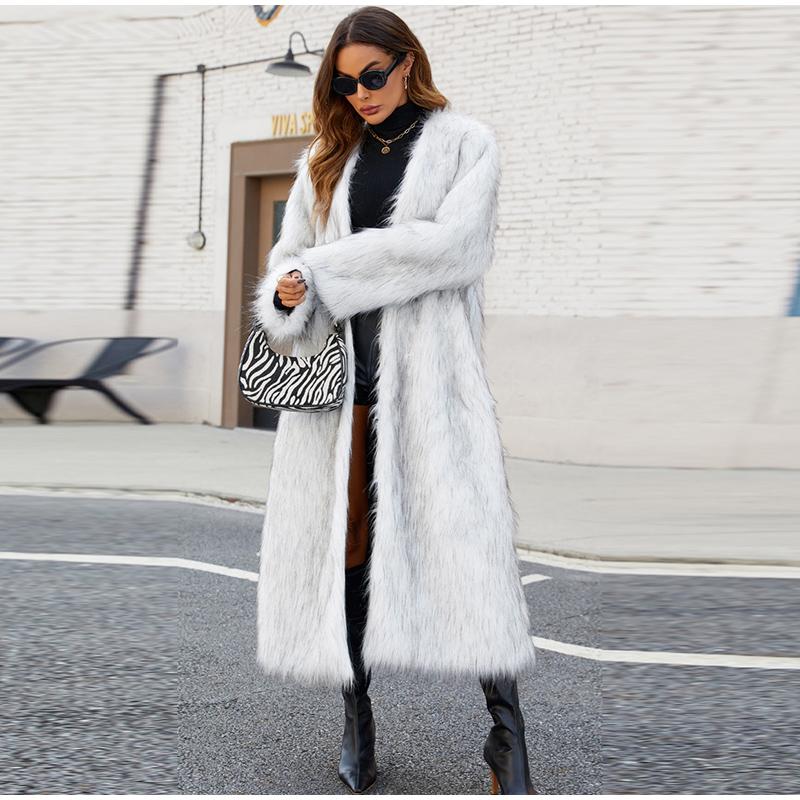 Женские шубы из искусственного меха с длинным рукавом, с открытым швом, длинные куртки с V-образным вырезом, плотное пальто, элегантная женская верхняя одежда на осень и зиму