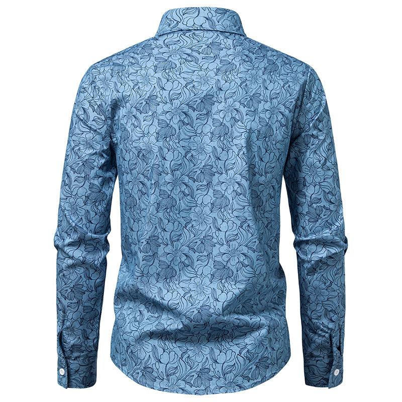 Мужские Элегантные Синие Рубашки с Цветочным Принтом Винтажная Одежда Chemise Hommes С Длинным Рукавом Blusa Jeans Masculina Мужские Рубашки