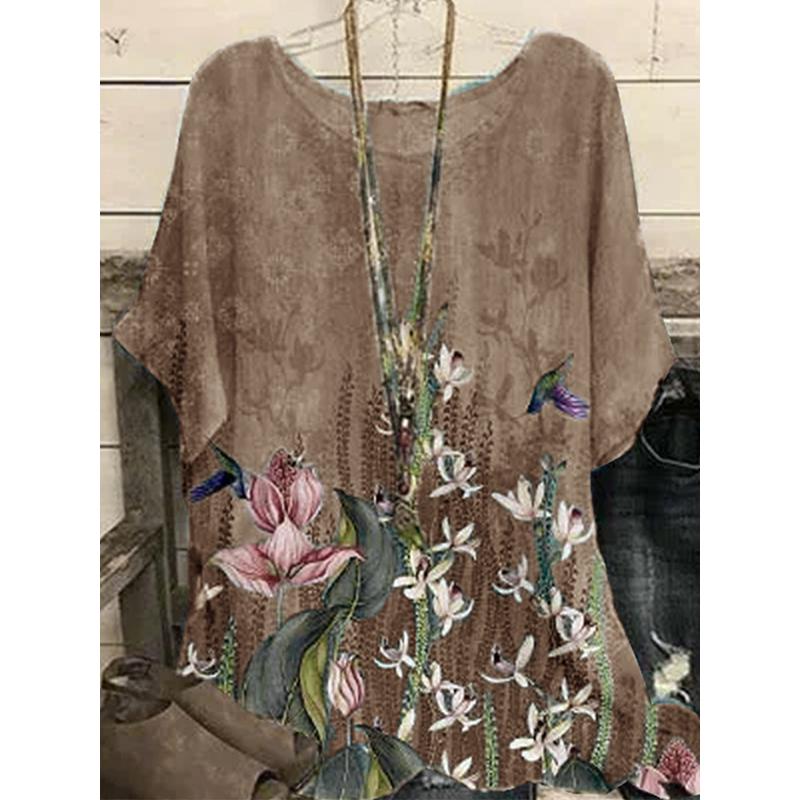 Plus Size Vintage Floral T Shirt Short Sleeve Loose Casual Female Crew Neck Summer T Shirt Ladies Tops