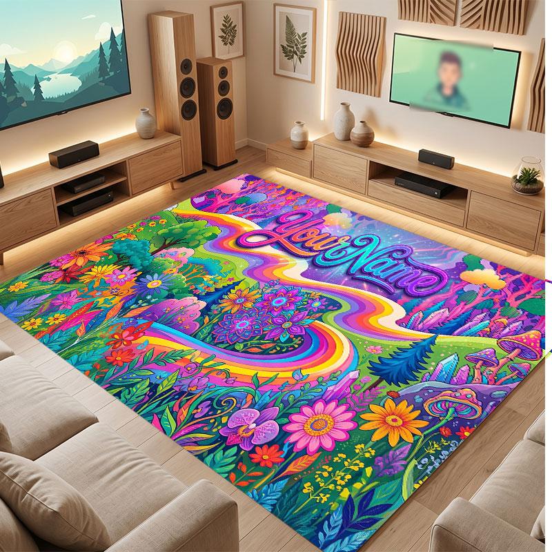 Mushroom Forest Theme Crystal Velvet Floor Rug Personalized Custom Name Text Warm Carpet Home Decoration