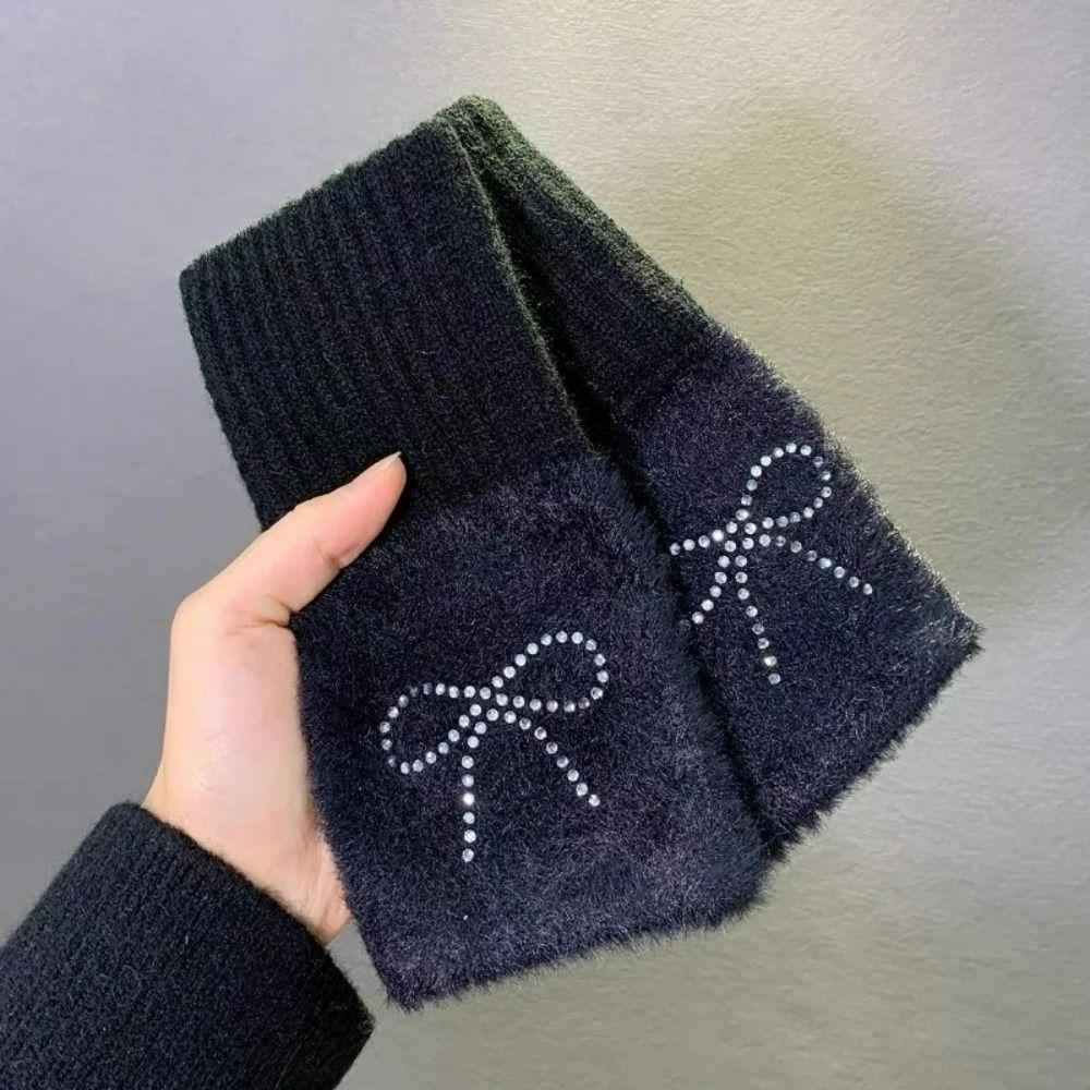 Hotfix Rhinestone Bow Gloves Plush Half Finger Mittens Soft Knitted Gloves  Outdoor