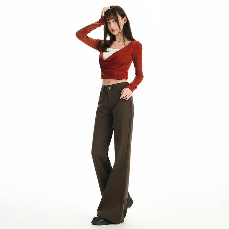 Gedijie Solid Color High Waist Elastic Horn Casual Pants for Women