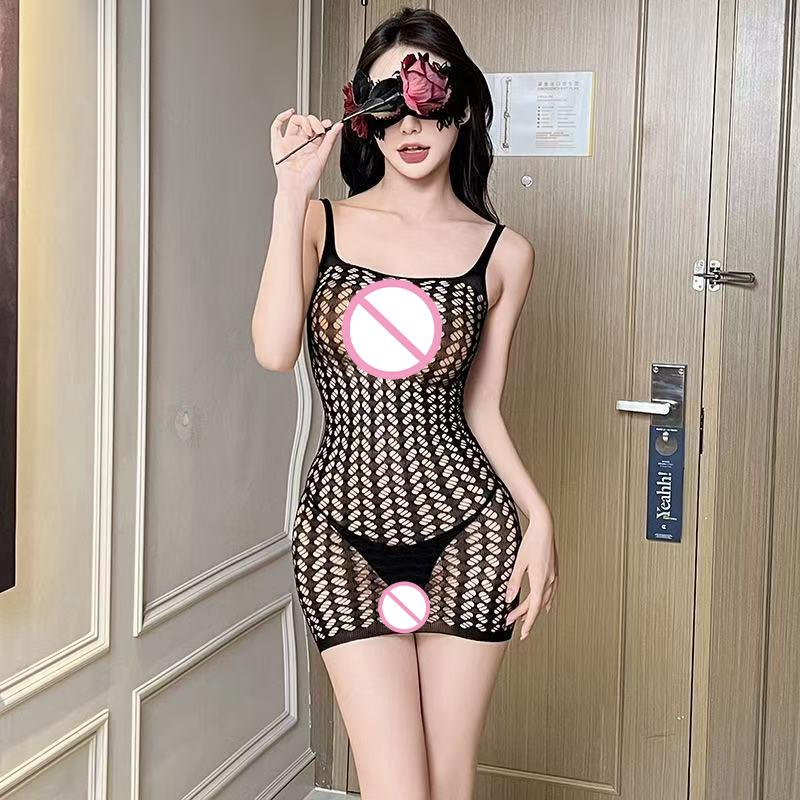 Sexy Lingerie Hollow Out Onesie Base Net Clothes Strap Uniform Temptation Sleepwear Sheer Mesh Stockings For Women