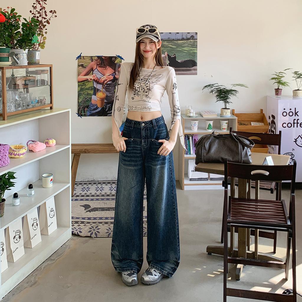 Pocket design American retro jeans women's spring new loose straight wide legs women lazy style