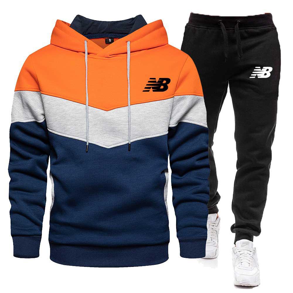 Men's Color-Block Hooded Sweatshirt & Sweatpants Set for Spring and Autumn