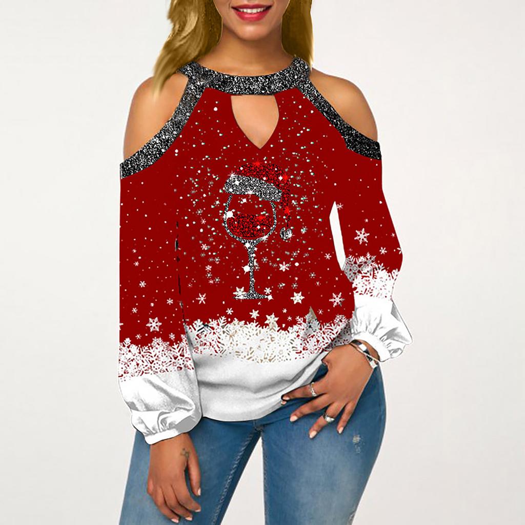 Женская свободная модная рождественская футболка с принтом, сексуальная футболка без бретелек с длинным рукавом и подвесным воротником