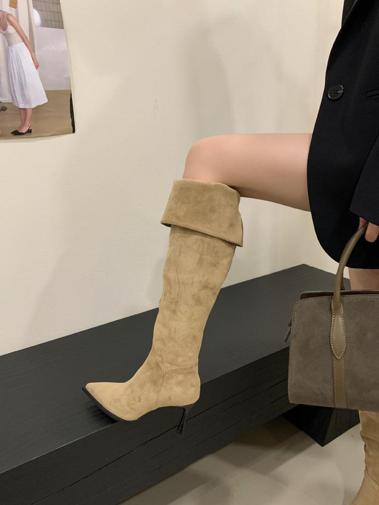 Mi Ting Long Legs Pointed Head High Heels Thin Boots Autumn and Winter Matte Suede Lapel Multi-way To Wear Knee Boots Women