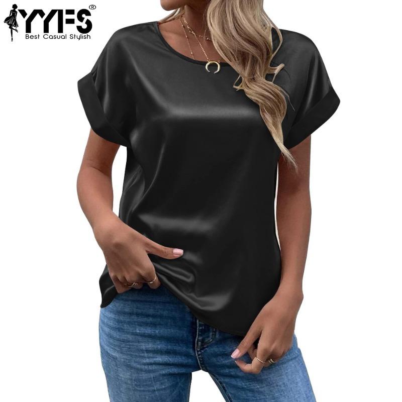 YYFS Женские модные повседневные летние весенние однотонные блузки и рубашки с короткими рукавами и круглым вырезом с принтом