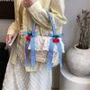 Cute Bowknot Woven Straw Handbag Beach Ruffle Lace Pearl Chain Crossbody Bag