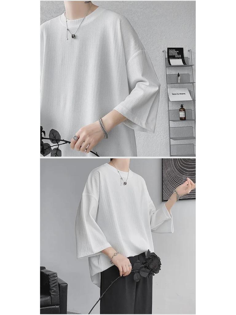 Мужская футболка Ice Silk Drape, короткий рукав, однотонный цвет, тренд лета 2023 года, размер плюс, длина три четверти.