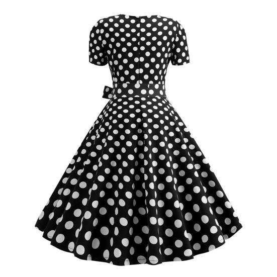 Women Dress Square Neck Short Sleeve Retro 1950s A-line Big Hem Button Decor Dot Print Color Matching Mid Waist Belted Bow Decor Midi Dress
