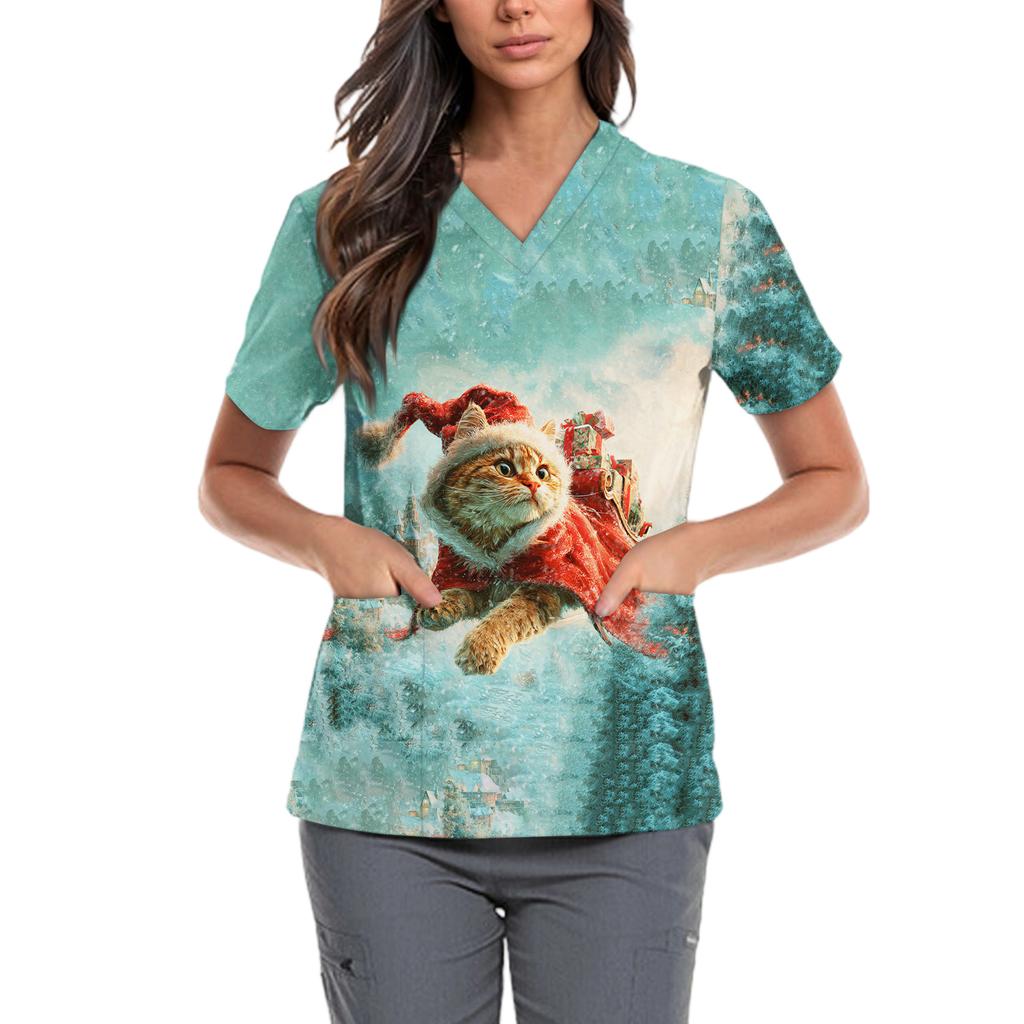 Женская милая блузка с принтом бантиков, рабочая одежда, V-образный вырез, двойной слой, карманы, базовая, с коротким рукавом, пуловер