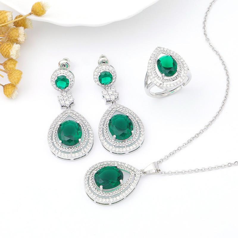 European and American Water Drop Zircon Three-piece Necklace, Earrings, Ring Set, Multi-color Bridal Wedding Fashion Jewelry