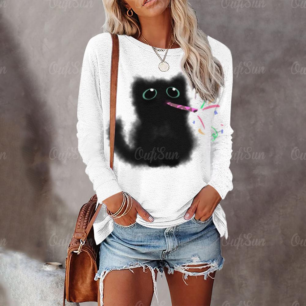 Забавные женские футболки с принтом черного кота, осенняя модная футболка с длинными рукавами, повседневные свободные уличные топы