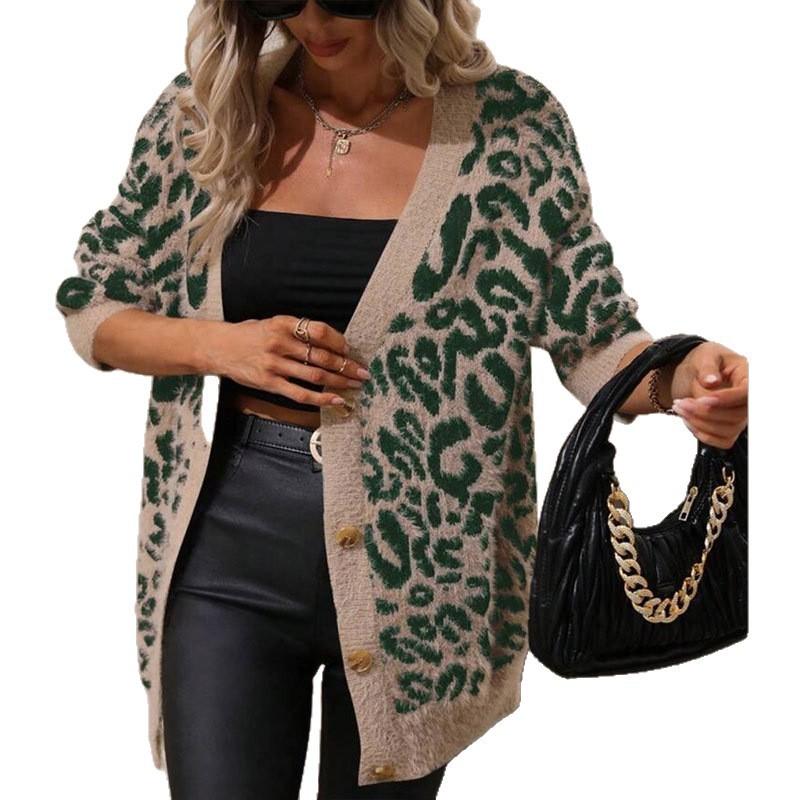 Womens Oversized V-Neck Leopard Print Knit Cardigan Long Sleeve Casual Sweater Winter