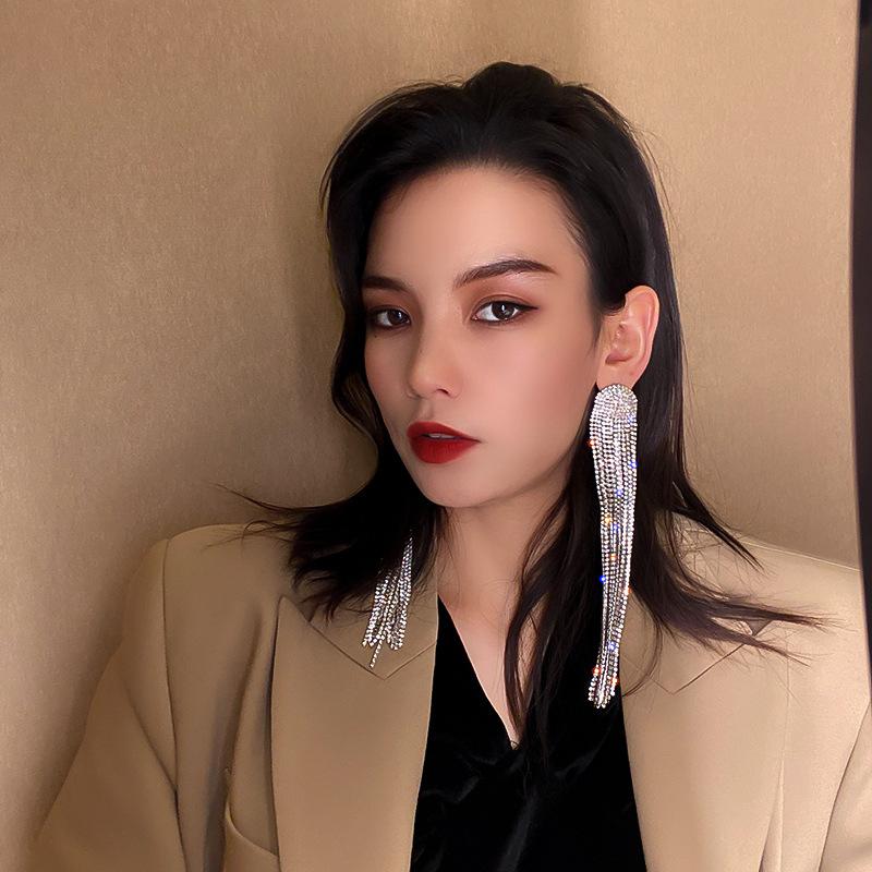 2022 New Fashion Long Tassel Rhinestone Drop Earrings for Women Ovsize Crystal Dangle Earrings Fashion Jewelry