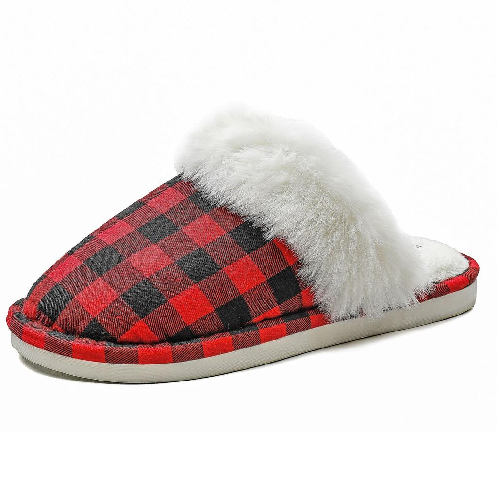 Autumn and Winter Couple Fluffy Slippers Warm Home Non-slip Thickened Plaid Cotton Slippers