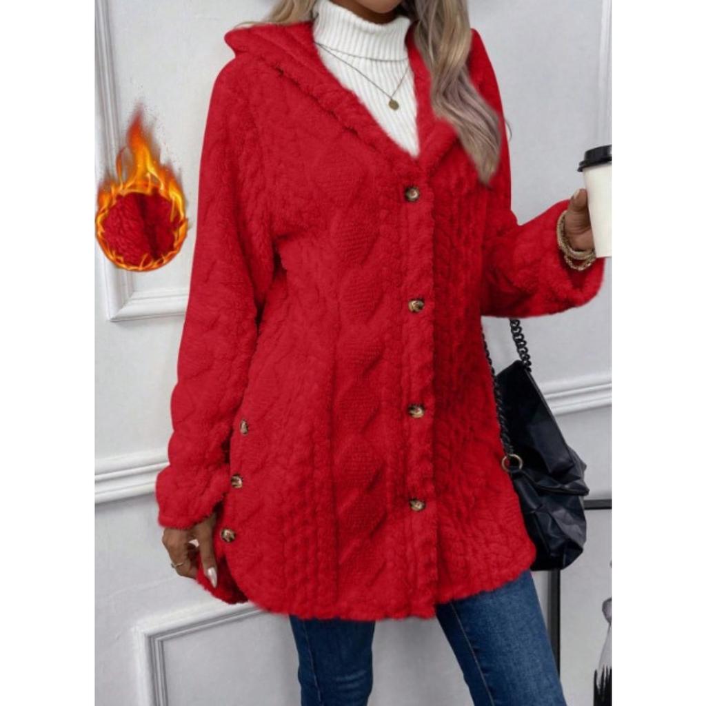 Autumn and Winter Hooded Solid Color Cardigan Button Long Sleeved Casual Fleece Jacket