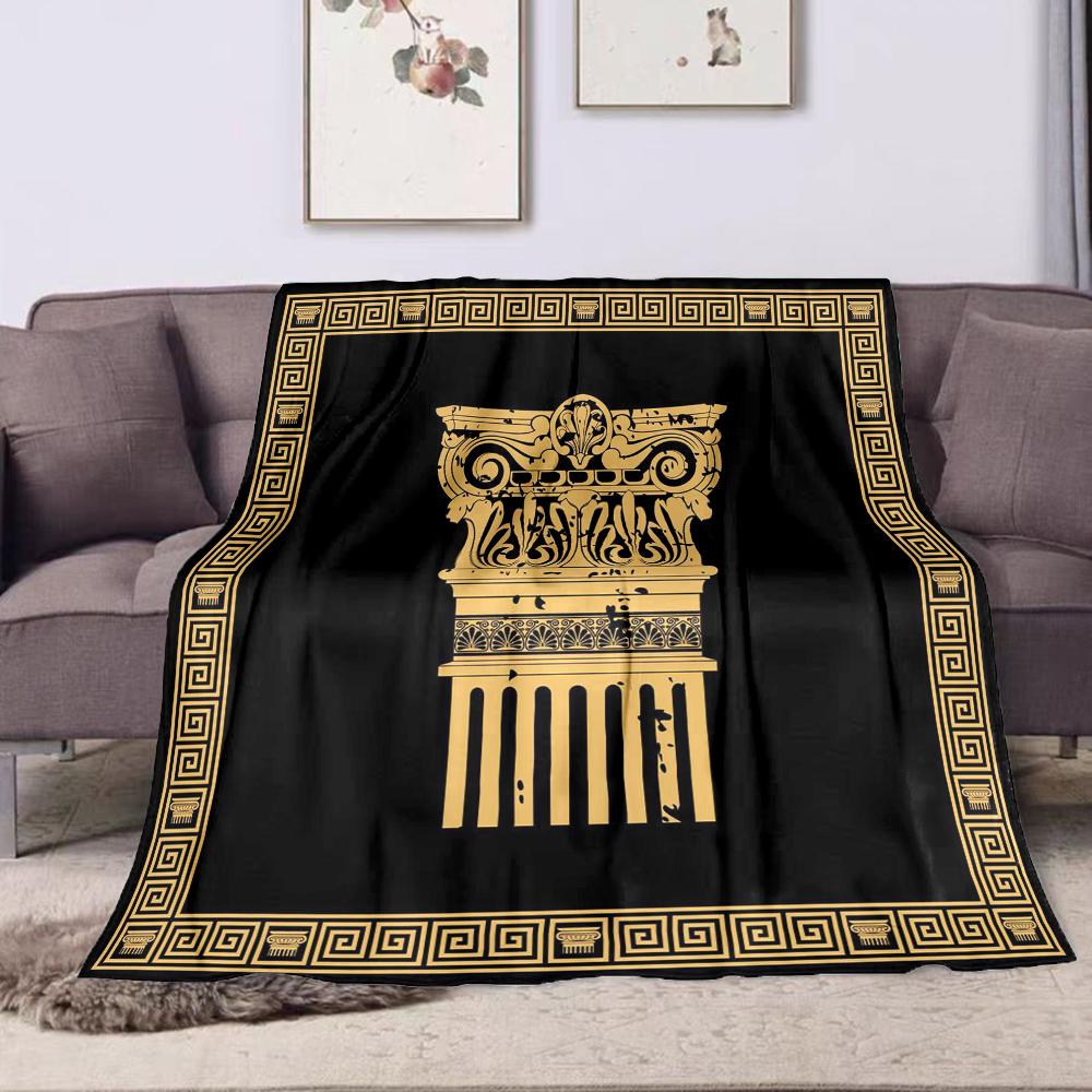 Greek Column Golden Design on Black Patterned flannel blanket perfect for the bedroom living room, sofa, or a little nap