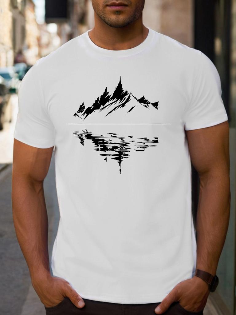 Mens pattern 100 cotton printed fashionable casual loosefit long mountain texture printed roundneck Tshirt