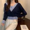 Поддельная рубашка из двух частей с V-образным вырезом контрастного цвета, трикотажная нижняя часть, весеннее и осеннее пальто с узким свитером для невысоких женщин, короткий топ