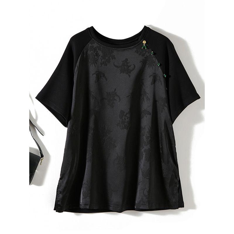 Of Export Orders! Chinese Style Round Neck False Two Pieces Pendant Short Sleeve Double-Sided Fabric Patchwork Small Split T-shirt Female Summer