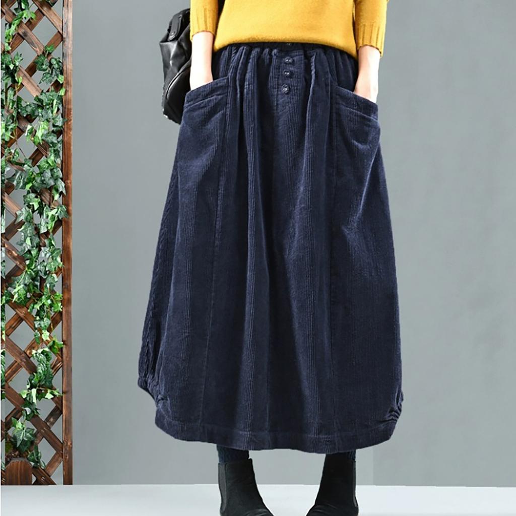 Retro Art Mid Length Autumn Women's Skirt Pocket Panel Corduroy Flower Bud Skirt Slimming Skirt