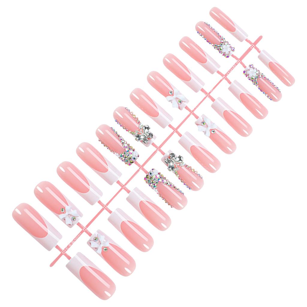 24PCS Nude Pink Long Fake Nails with Bowknot Easy Effortless Application to Nails for Hot Girl Dress Matching