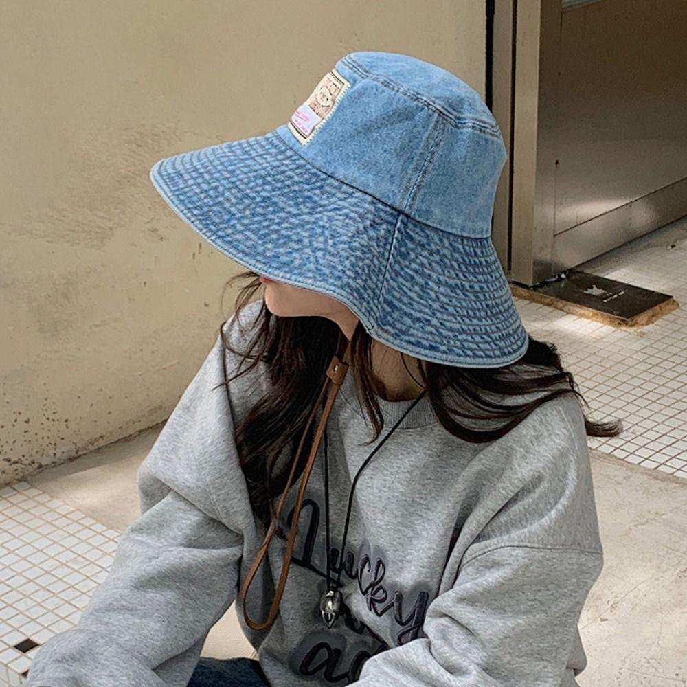 With Drawstring Women Denim Bucket Hat Windproof Western Cowboy Hats Hot Big Brim Sun Hat Summer