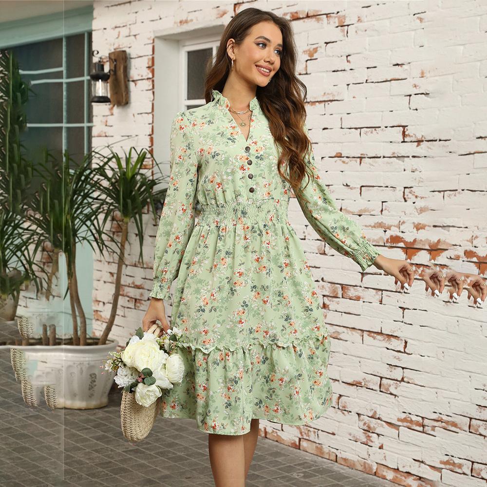 Осень-зима женское элегантное повседневное платье трапециевидной формы длиной до колена с высокой талией и длинным рукавом с принтом