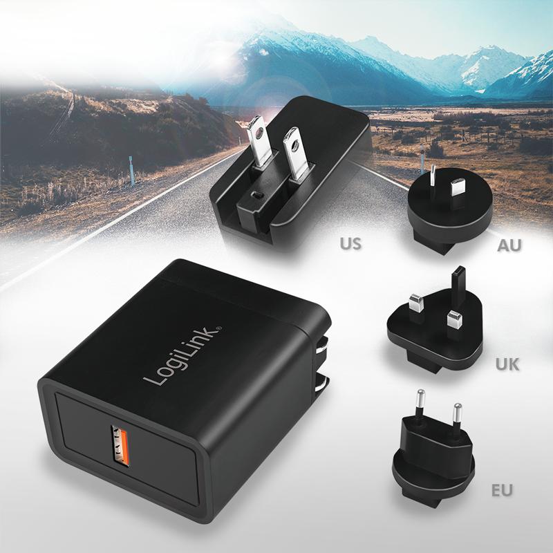 LogiLink USB QC 3.0 Travel Adapter Fast Charging 18W US/UK/EU/AU